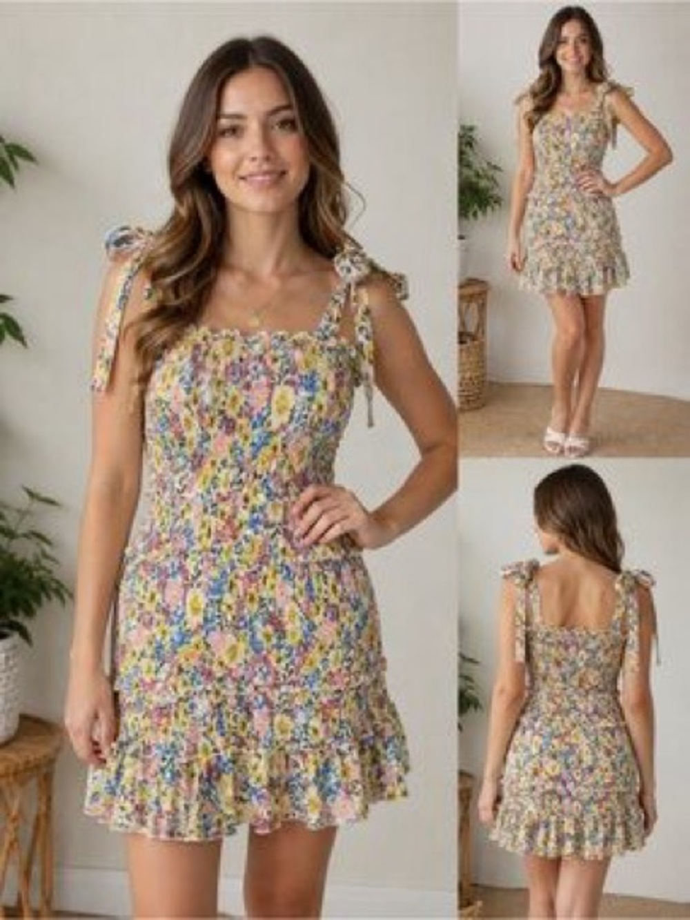 Floral Tie-Shoulder Smocked Mini Dress - Yellow Multicolor